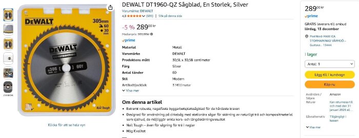 DEWALT 305 mm sågblad i förpackning med gul etikett, visar produktens detaljer och pris på en webbsida.