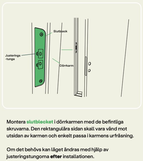 Illustration av installation av ett slutbleck i en dörrkarm, med justeringstunga och instruktioner för korrekt positionering och montering med skruvar.