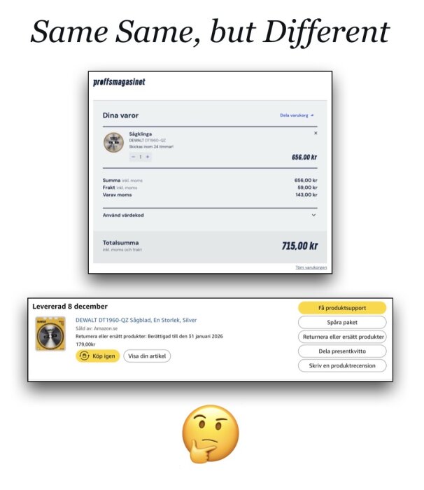 Två skärmdumpar: en från en varukorg på Proffsmagasinet med sågklinga för 715,00 kr, och en från Amazon köp av sågblad för 179,00 kr med tänkande emoji.