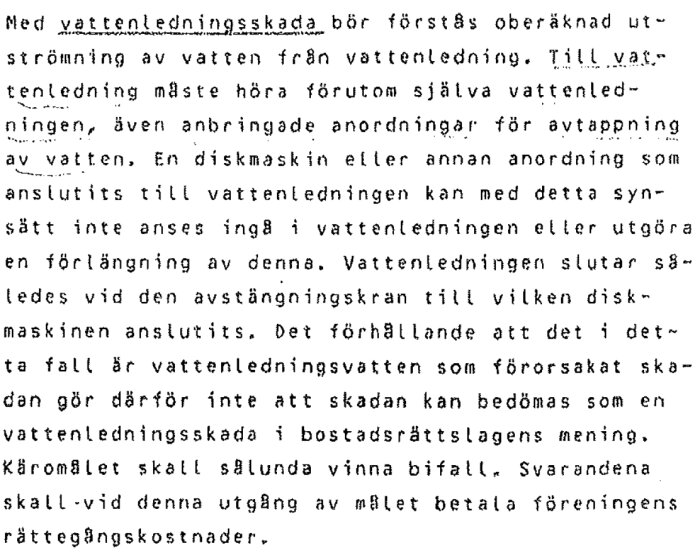 Text med delar av en dom från 1985 om vattenledningsskada relaterad till avstängningskran och diskmaskin.