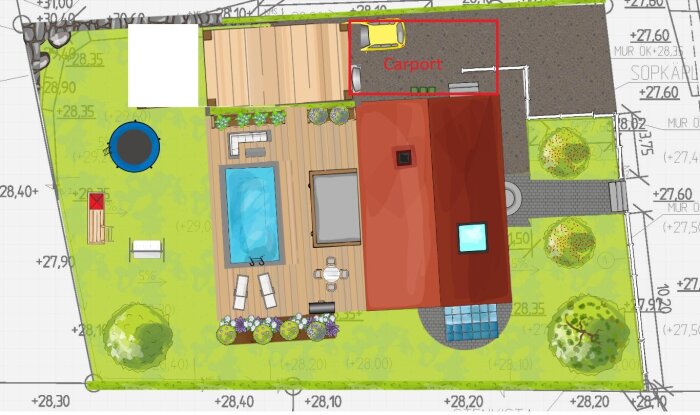 Översiktsritning av en tomt med pool, terrass, carport, gräsmatta, en trampolin och trädgårdsdetaljer. En bil är parkerad i carporten.