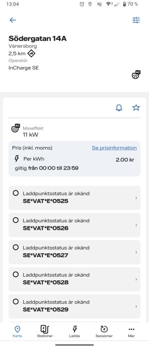 Appskärm för laddningsstation på Södergatan 14A, Vänersborg med flera laddpunkters status som okänd. Maxeffekt 11 kW, pris 2 kr/kWh.