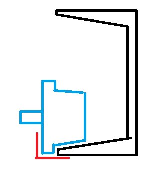 Diagram över väggförbindelse med olika färger markerande strukturens komponenter, inklusive blå, svart och röd linjedragning.