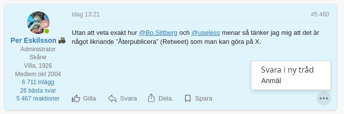 Forumkommentar av en administratör med funktion för att starta ny tråd. Innehåller användarinfo, text och alternativ för interaktion såsom gilla, dela och spara.