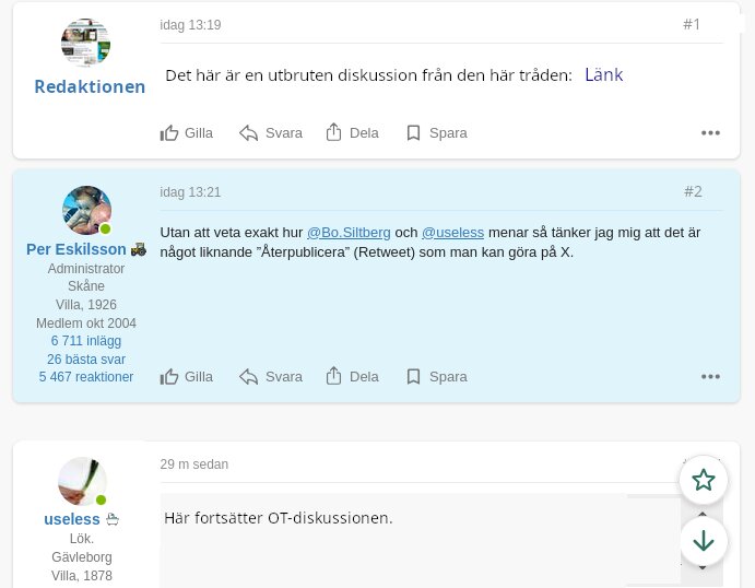 Diskussionsforumstråd med tre inlägg; första från "Redaktionen", andra från "Per Eskilsson", och tredje från "useless" om att fortsätta diskussionen.