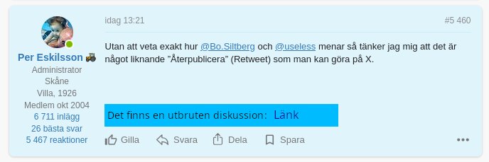 Inlägg från forum med användarnamn, tid och text om en utbruten diskussion med länk.