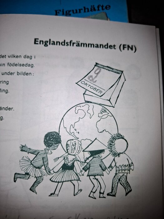 Barn från olika kulturer håller varandra i händerna runt en jordglob, med ett kalendarium för 24 oktober ovanför, texten "Englandsfrämmandet".