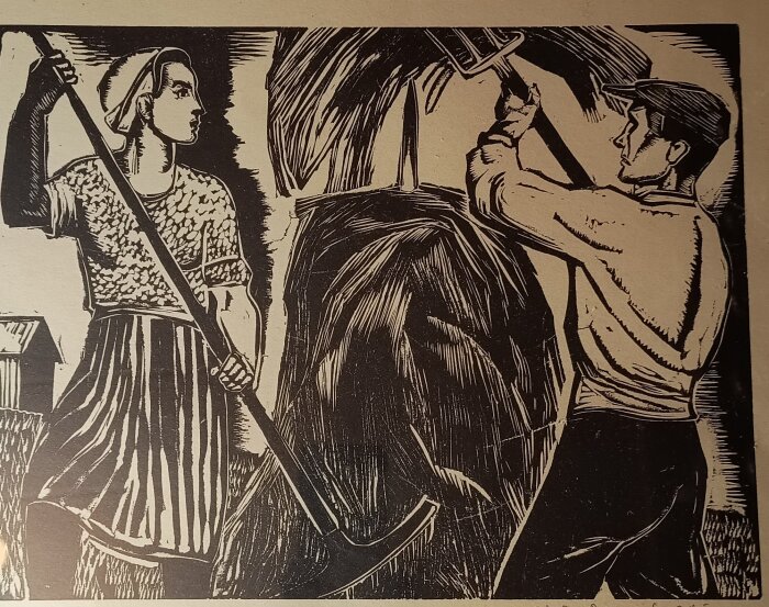 Träsnitt av Lennart Segerstråle, visar två arbetare med jordbruksredskap, utfört i en kärv och saklig stil.