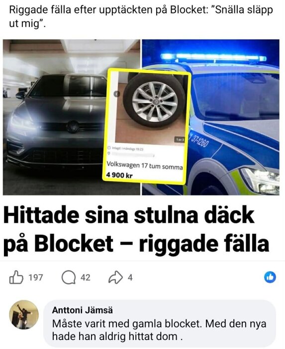 En bil och en polisbil med en annons för VW-däck på Blocket i förgrunden, text förklarar en fälla för däckstöld.