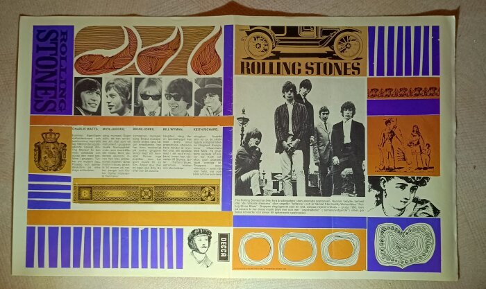 Färgglatt bokomslag från 1960-talet med bilder och text om Rolling Stones, inklusive bandmedlemmarnas porträtt och grafiska element i lila och orange.