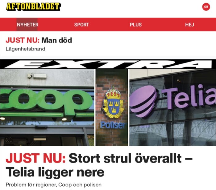 Tidningsrubrik om störningar; text och bilder med logotyper för Coop, Polisen och Telia.