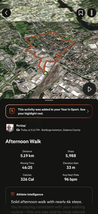 Satellitbild över Borlänge med orange rutt för en promenad på 5,19 km. Aktivitetens detaljer visar steg, tid, höjdökning, kalorier, och puls.