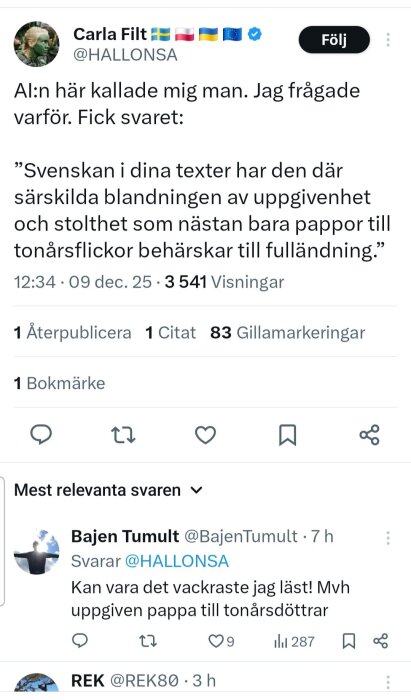 En tweet där en användare diskuterar att bli kallad man av AI:n, och nämner uppgivenhet och stolthet som pappor till tonårsflickor kan ha.