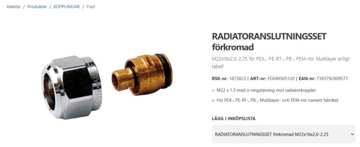 Radiatoranslutningsset förkromad med kopplingar för PEX-, PE-RT-, PB-, PEM-rör. Modell M22x16x2,0-2,25 med artikelnummer FG049505120.