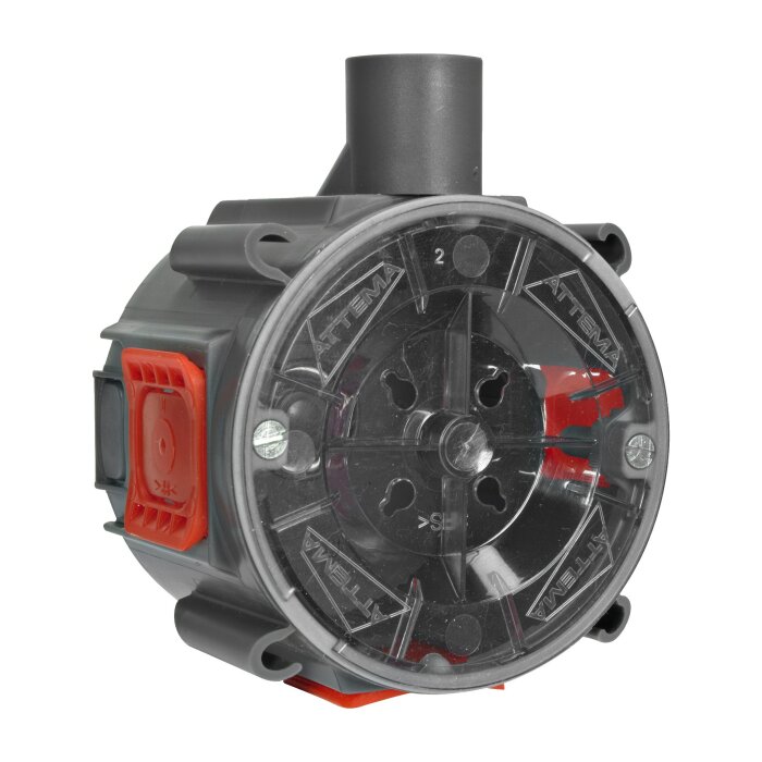 Murdosa/spårdosa för installation i vägg, med plastlock och fäste för kabeldragning.