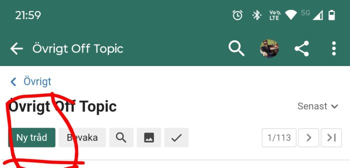 Knappen "Ny tråd" markerad i en diskussionsforumapp under "Övrigt Off Topic".