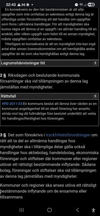 En skärmdump av en juridisk text med diskussion om lagar, sekretess och offentlighetsprincipen, innehållande hänvisningar till rättsfall.