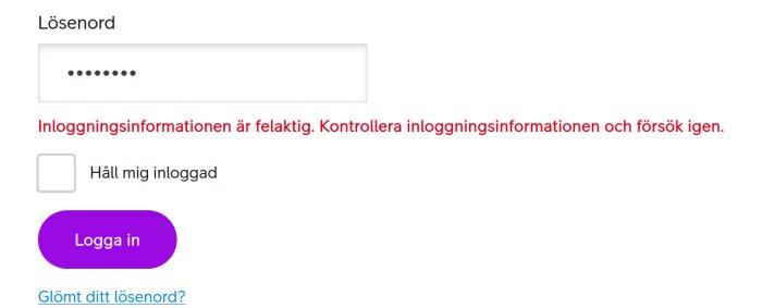 Felmeddelande vid inloggning hos Telia, texten säger att inloggningsinformationen är felaktig och uppmanar att försöka igen.