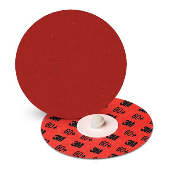 Röd 3M Roloc sliprondell, 50mm med 60+ grade slipmedel. Ena sidan är slät, medan baksidan har text med 3M-logotyp och siffran 60+.