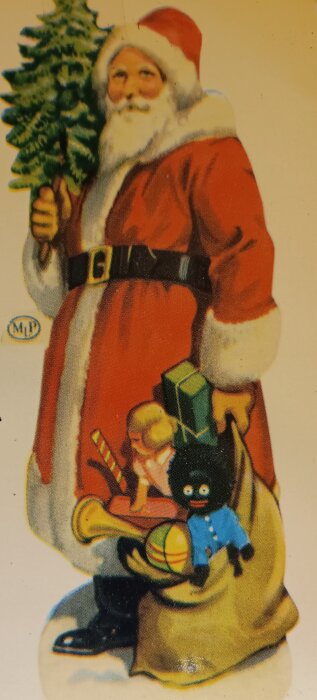 Gammaldags bokmärke med en tomte i röd dräkt som håller en gran och en säck fylld med leksaker.