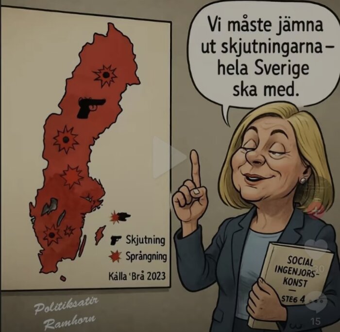 En tecknad karta över Sverige med symboler för skjutningar och sprängningar. Kvinna håller bok och pratar om att jämna ut skjutningarna.