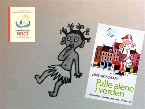 En tecknad figur i kjol, titeln "Palle alene i verden" och en liten bokomslag av "Eskimåtrollet Figge" på grå bakgrund.