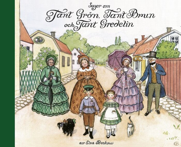 Illustration av en grupp människor i gammaldags kläder från omslaget till boken "Tant Grön, Tant Brun och Tant Gredelin" av Elsa Beskow.
