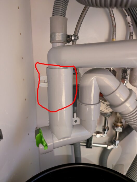 Grått avloppsrör under diskbänk, rödmarkerad del som är lös och orsakar läckage; grön del för enkel rengöring, kopplingar och slangar synliga.