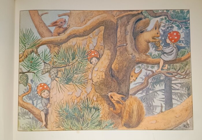 Elsa Beskows illustration av barn med röda svamphattar och ekorrar i träd.