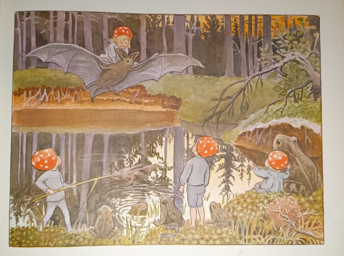 Barn med orange hattar i en magisk skog, en rider på en fladdermus och andra tittar på grodor nära en damm, illustrerat av Elsa Beskow.