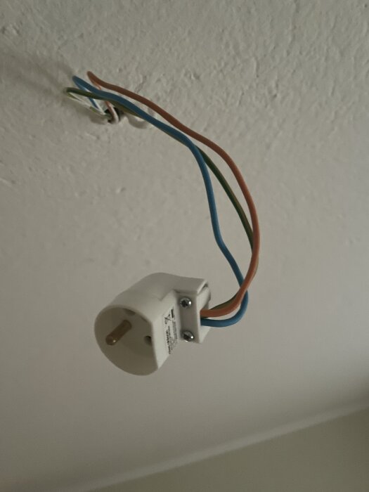 Sladdar hänger från taket med ett vägguttag, obeslutat om jordat eller ojordat, i samband med att en lampa ska installeras.