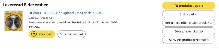 DEWALT DT1960-QZ sågblad, levererad 8 december, pris 179 kr på Amazon, med returpolicy till 31 januari 2026 och flera servicealternativ.