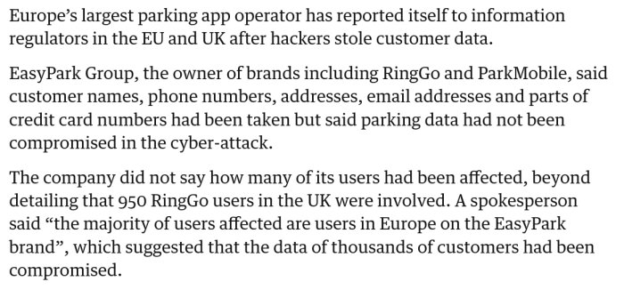 Text från artikel om dataintrång där EasyPark användaruppgifter stulits, inklusive namn, adresser och kreditkortsuppgifter, men inte parkeringsdata.