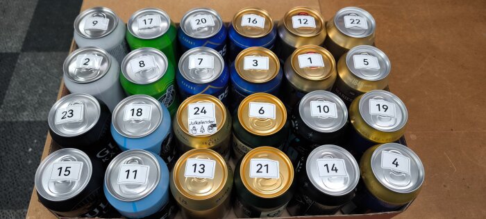 Låda med flera dryckesburkar, alla numrerade som en adventskalender, den 24:e burken märkt "Julkalender" med julmotiv.