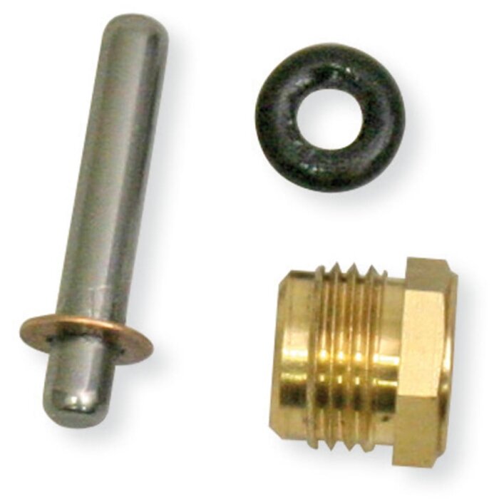 Packbox i delar med metallstift, gummitätning och gängad mässingsmutter.