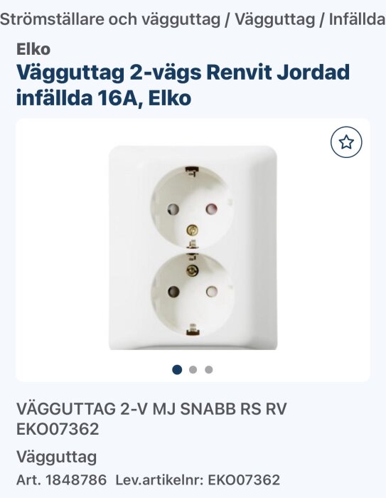 Vägguttag Elko, 2-vägs, renvit, jordad, infälld 16A, art.nr EKO07362.