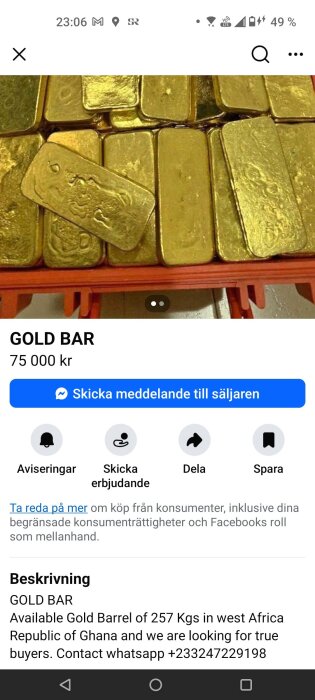 Guldtackor i en låda, annonserade för försäljning på en engelsk digital plattform, priset anges som 75 000 kr.