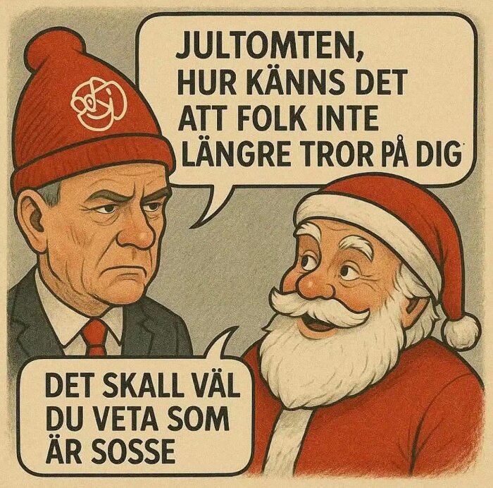 En tecknad bild av jultomten och en man i röd mössa med partiemblem. De pratar om tro och politik.