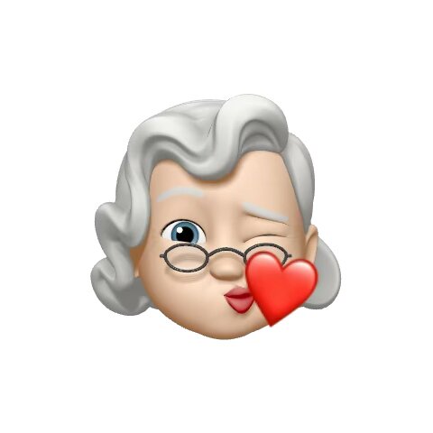 Emoji av en äldre person med vitt hår, glasögon och ett rött hjärta. Personen blinkar och ser glad ut.