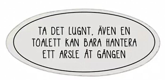 Skylt med text: "Ta det lugnt, även en toalett kan bara hantera ett arsle åt gången", humoristisk varning angående toalettens kapacitet.