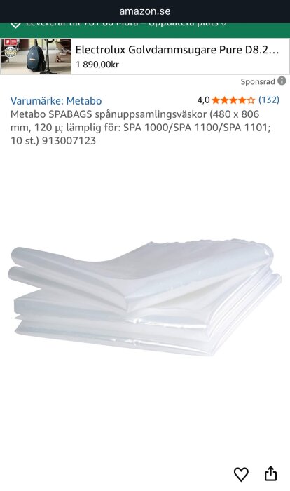 Spånsamlingsväska från Metabo, vikt 480 x 806 mm, lämplig för SPA modeller, staplade i en hög.