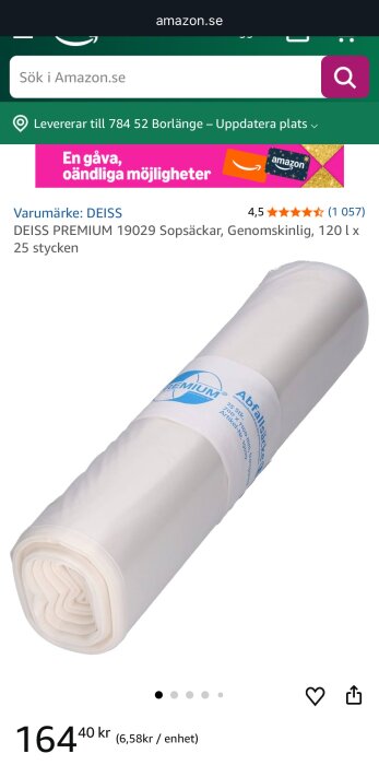 Rulle med genomskinliga sopsäckar från märket DEISS, 120 liter och 25 stycken per förpackning, visas med priset 164,40 kr på Amazon.se.