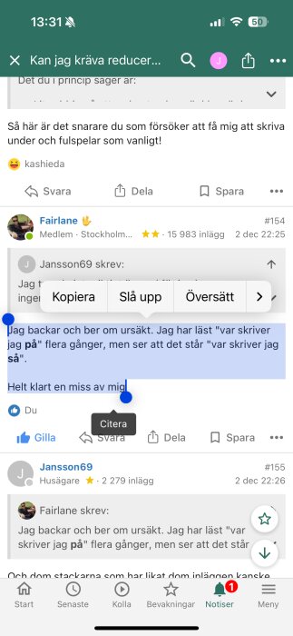 Skärmdump av diskussionsforum med ursäktande inlägg där användaren förklarar en missuppfattning av text.