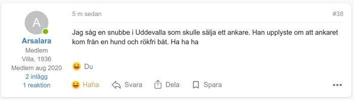 Inlägg från Arsalara med anekdot om en försäljare i Uddevalla som säljer ett ankare från en rökfri båt och hund. Skrivet med humor.