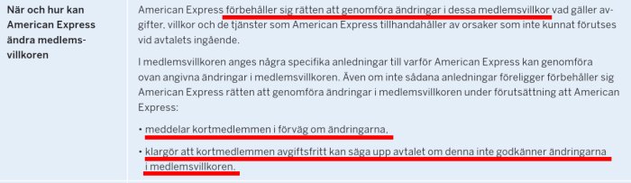 Skärmdump av avsnitt om när och hur American Express kan ändra medlemsvillkor, med betoning på rätten att meddela ändringar i förväg och rätt att säga upp avtalet.