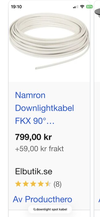 En rulle vit downlightkabel från Namron, priset är 799 kr med fraktkostnad på 59 kr. Produktbetyg: 4 stjärnor av 5 hos Elbutik.se.