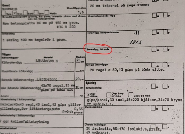 Byggritning med texten "Innervägg, bärande" inringad, visar detaljer om innerväggars material och tjocklek i ett hus från 1974.