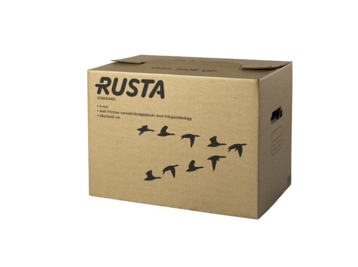 Kartong med Rusta-logga och silhuetter av fåglar. Stående med handtagshål på sidan och text som beskriver mått och egenskaper.