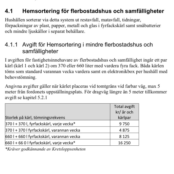 Tabell som visar avgifter för hemsorteringskärl beroende på tömningsfrekvens och storlek. Kähr kräver godkännande för veckotömning.
