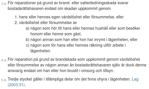 Text från bostadsrättslagen om reparationsansvar vid brandskada, vattenledningsskada och ohyra, med hänvisningar till vårdslöshet och försummelse.